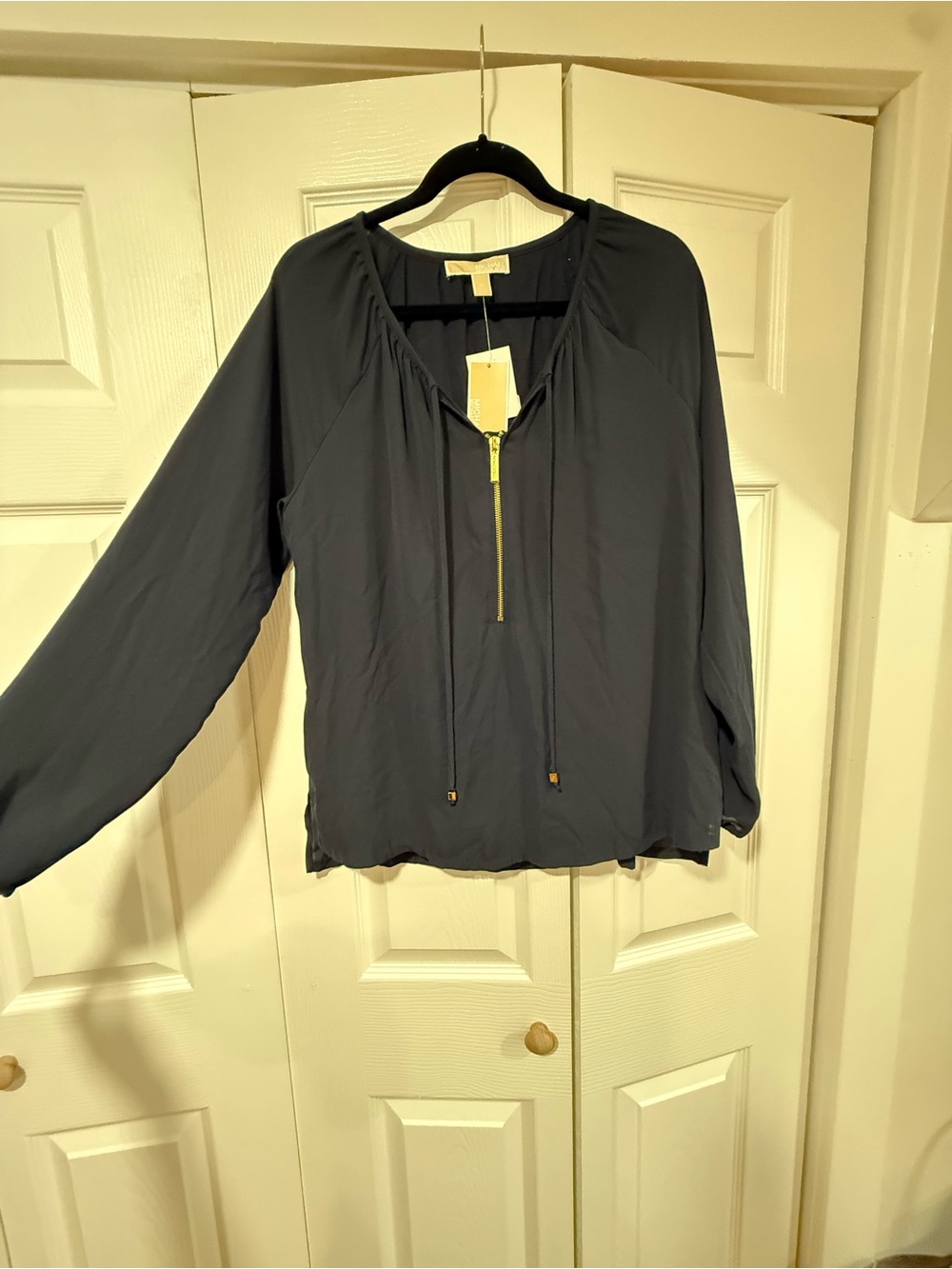 Michael Kors Navy Zip-Neck Long Sleeve Blouse